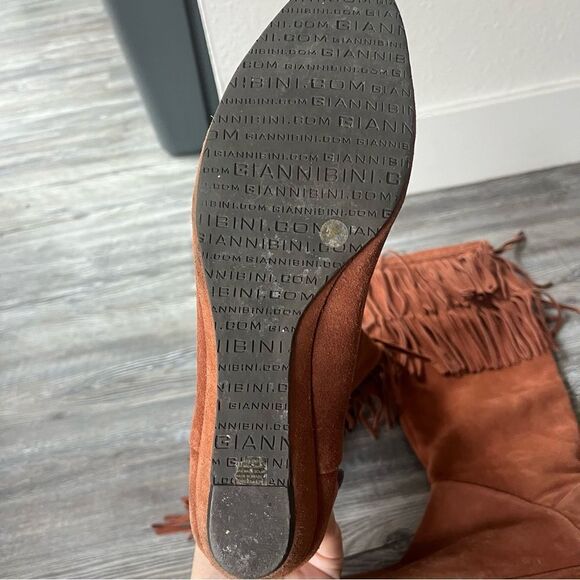 Gianni Bini rust suede knee high tall slouchy fringed boots with 1" wedge - Picture 11 of 14
